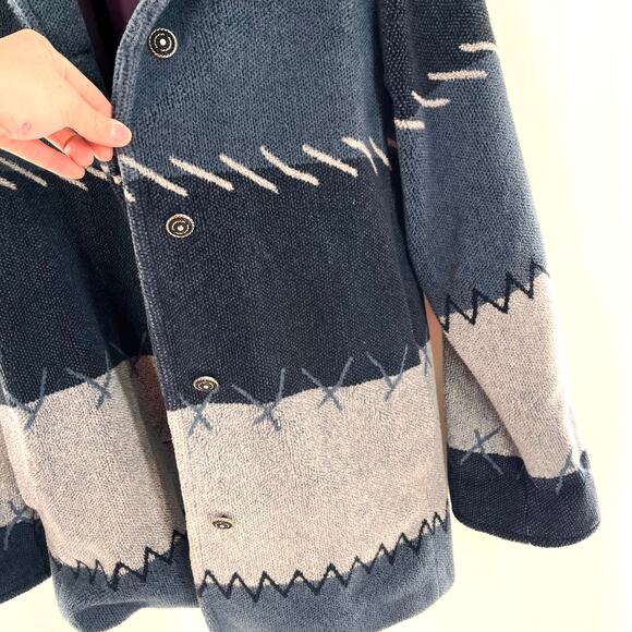 Vintage women's fleece striped satin lined coat double breasted blue grey size L - Picture 10 of 10